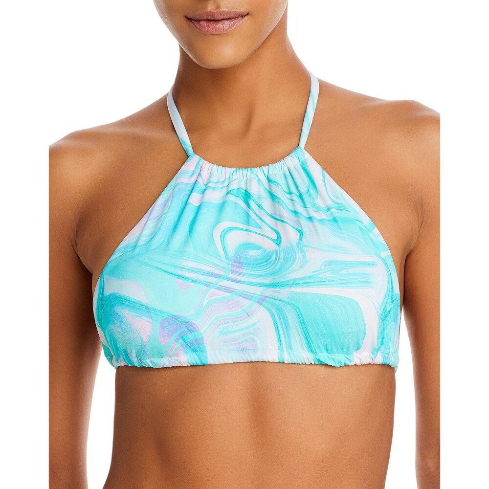 Aqua Women's Swirl Print High Neck Halter Bikini Top Turquoise Multi M B4HP $58
